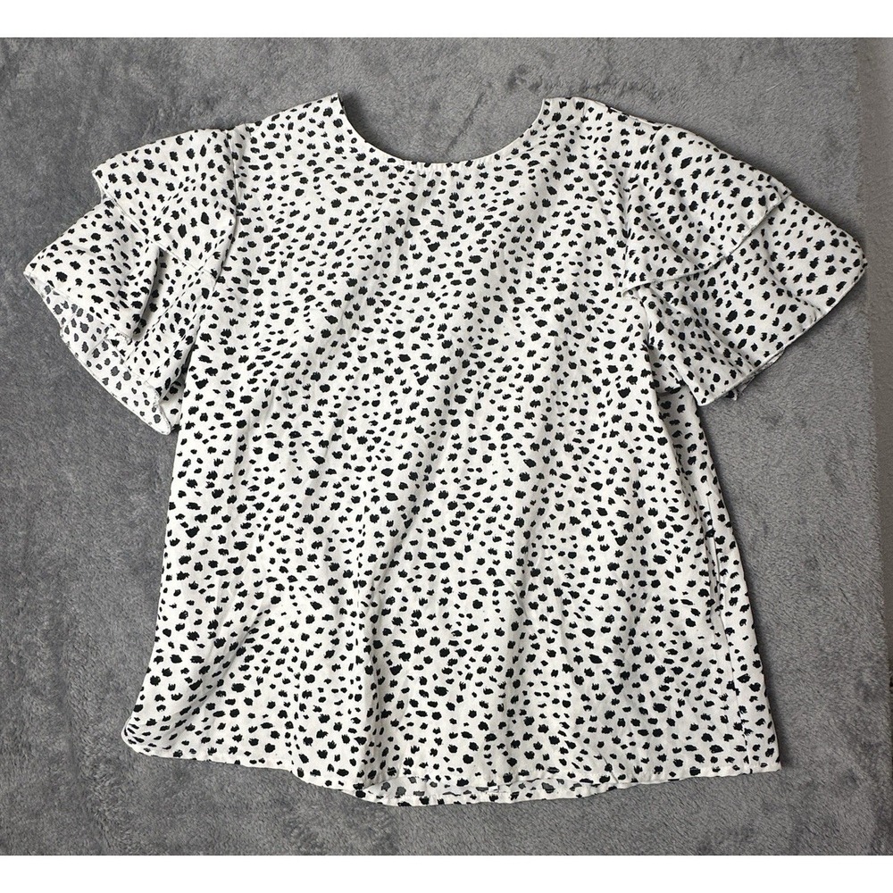 Women's White Top Blouse Black Dots Flutter Short Sleeves Round Neck Animal Sz L